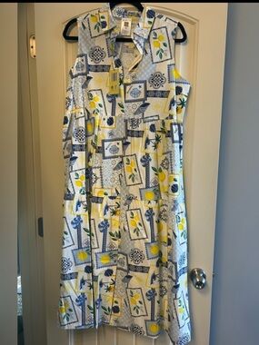 NWT White and Yellow Sleeveless Woven Lemon and Shell Print Midi Dress
